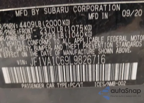 2020 Subaru Wrx Premium из США, поврежденный, VIN JF1VA1C69L9826716